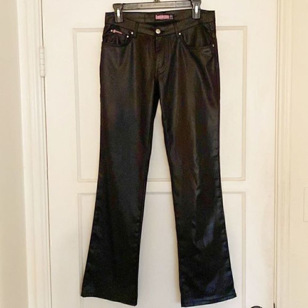 Vintage 90s Y2K Bubblegum Black Leather Look Shiny Bootcut Low Rise Pants